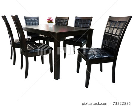 Dining Table and chairs isolated on white background. Luxury and modern dining table sets in different style and sizes. Stone table top, tempered glass, wooden table top and comfortable dining chairs. 73222885