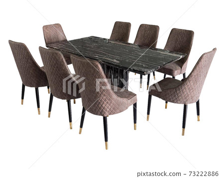 Dining Table and chairs isolated on white background. Luxury and modern dining table sets in different style and sizes. Stone table top, tempered glass, wooden table top and comfortable dining chairs. 73222886