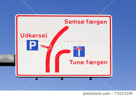 Panel and road sign to Samso island and Tuno island in Denmark Panel and road sign to Samso island and Tuno island in Denmark 73223195