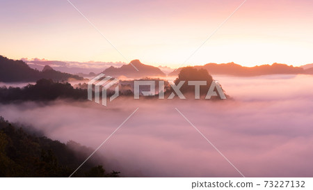 Mountain landscape and morning mist. Mountain landscape and morning mist. 73227132