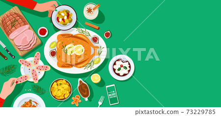 Christmas festive dinner, people having dinner together. 73229785