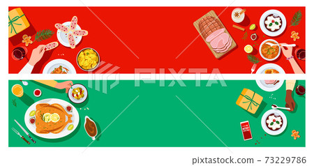 Christmas festive dinner, people having dinner together. 73229786