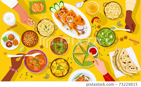 Food banner, Top view of people enjoying Indian food together. 73229815