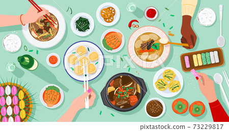 Top view of people enjoying Korean food together 73229817