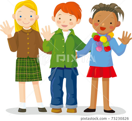 Three children waving side by side 73230826