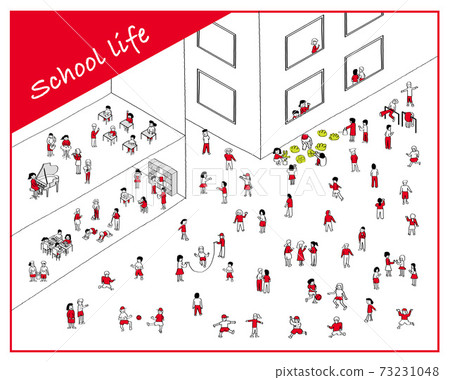 School life / Simple line art hand-drawn illustrations / Scenery of school building and playground / Energetic children / Red ✖️ Black School life / Simple line art hand-drawn illustrations / Scenery of school building and playground / Energetic children / Red ✖️ Black 73231048