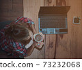 Beautiful woman drinking coffee or chocolate at cafe. Portrait of girl in a cafeteria drinking hot cappuccino and looking at cup..Woman holding a cup of coffee at the coffee shop from top view. 73232068