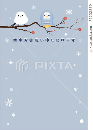 Long-tailed tit and blue amabie perching on a branch of plum in a snowy landscape Long-tailed tit and blue amabie perching on a branch of plum in a snowy landscape 73232889