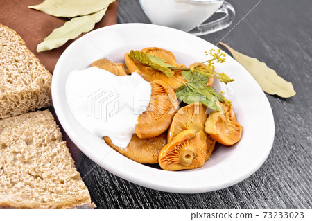 Mushrooms salted with sour cream in plate on black board Mushrooms salted with sour cream in plate on black board 73233023
