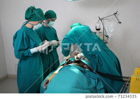 Team of professional surgeons performing operation in hospital , they are holding defibrillator and help while patient will die operation room at hospital 73234335