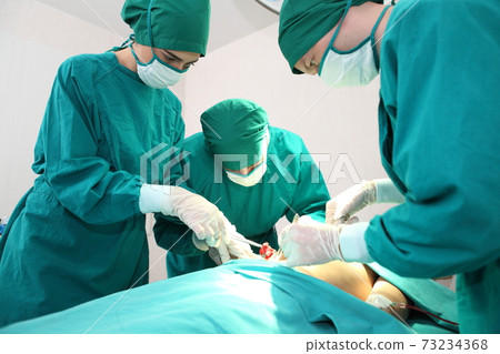 Team of professional surgeons performing operation in hospital operation theater Team of professional surgeons performing operation in hospital operation theater 73234368
