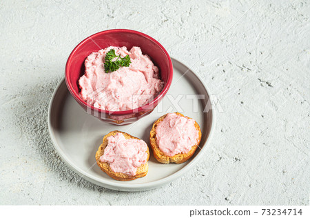 A bowl and crostini with tarama sause A bowl and crostini with tarama sause 73234714