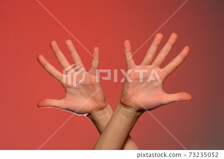 Human hands folded crosswise, which symbolize the wings of a bird or the sign of xx, isolated on a red background Human hands folded crosswise, which symbolize the wings of a bird or the sign of xx, isolated on a red background 73235052