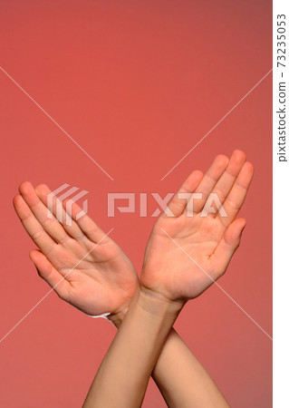 Human hands folded crosswise, which symbolize the wings of a bird or the sign of xx, isolated on a red background 73235053