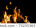 Fire flames on a black background. Abstract fiery texture. Realistic fire flames burn movement frame. Texture for Design. The texture of fire. Fire flames background. Blazing campfire. Sensitive 73235363