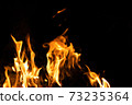 Fire flames on a black background. Abstract fiery texture. Realistic fire flames burn movement frame. Texture for Design. The texture of fire. Fire flames background. Blazing campfire. Sensitive 73235364