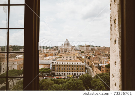 Panoramic view on the Papal Basilica of St. Peter in Vatican and city of Rome Panoramic view on the Papal Basilica of St. Peter in Vatican and city of Rome 73236761