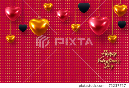 3d metallic gold and red hearts on a bright red... - Stock Illustration ...