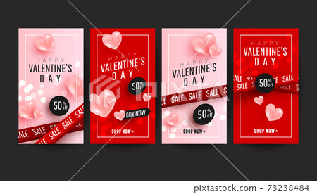 Happy Valentine's day story banner collection set with 3d pink hearts on pink red background. Valentine's day concept posters set. Promotion and shopping template 73238484