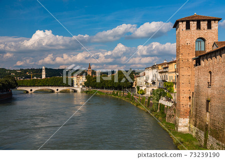 View from Scarigero Bridge in Verona, Italy and Vecchio Castle 73239190