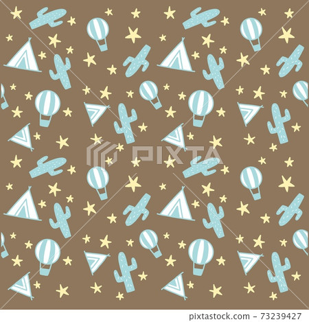 Seamless pattern of cactus, tent and balloon Background color brown Seamless pattern of cactus, tent and balloon Background color brown 73239427