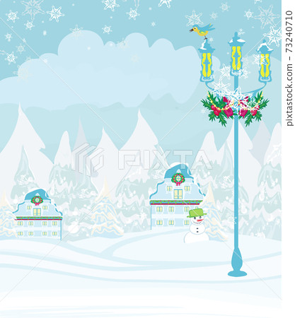 winter city landscape - illustration with bird, houses and snow 73240710