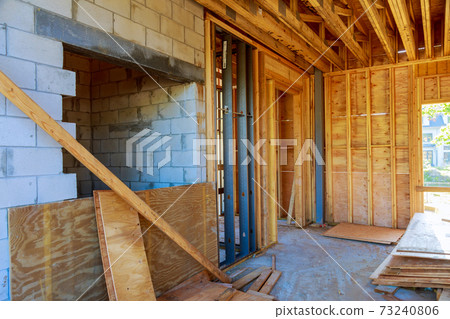 New residential home framing interior view construction new house New residential home framing interior view construction new house 73240806