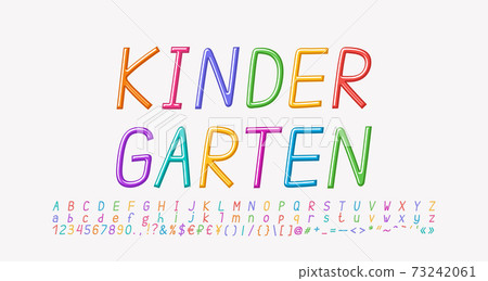 Multicolored cartoon Italic alphabet, thin linear font rainbow bright colors. Uppercase and lowercase letters, numbers, punctuation marks. Vector illustration Multicolored cartoon Italic alphabet, thin linear font rainbow bright colors. Uppercase and lowercase letters, numbers, punctuation marks. Vector illustration 73242061