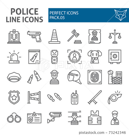 Police line icon set, security symbols collection, vector sketches, logo illustrations, safety signs linear pictograms package isolated on white background. Police line icon set, security symbols collection, vector sketches, logo illustrations, safety signs linear pictograms package isolated on white background. 73242346