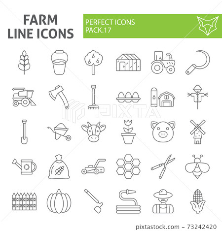 Farm thin line icon set, agriculture symbols collection, vector sketches, logo illustrations, gardening signs linear pictograms package isolated on white background. Farm thin line icon set, agriculture symbols collection, vector sketches, logo illustrations, gardening signs linear pictograms package isolated on white background. 73242420