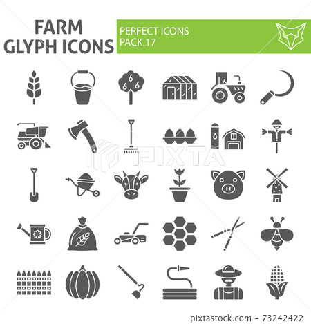 Farm glyph icon set, agriculture symbols collection, vector sketches, logo illustrations, gardening signs solid pictograms package isolated on white background. Farm glyph icon set, agriculture symbols collection, vector sketches, logo illustrations, gardening signs solid pictograms package isolated on white background. 73242422