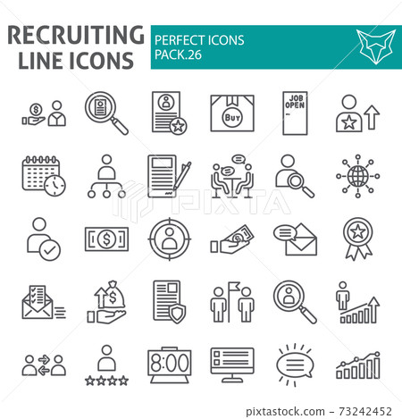 Recruiting line icon set, employment symbols collection, vector sketches, logo illustrations, job signs linear pictograms package isolated on white background. Recruiting line icon set, employment symbols collection, vector sketches, logo illustrations, job signs linear pictograms package isolated on white background. 73242452