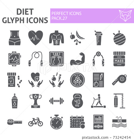 Diet glyph icon set, sport symbols collection, vector sketches, logo illustrations, gym signs solid pictograms package isolated on white background. Diet glyph icon set, sport symbols collection, vector sketches, logo illustrations, gym signs solid pictograms package isolated on white background. 73242454