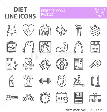 Diet line icon set, sport symbols collection, vector sketches, logo illustrations, gym signs linear pictograms package isolated on white background. Diet line icon set, sport symbols collection, vector sketches, logo illustrations, gym signs linear pictograms package isolated on white background. 73242455