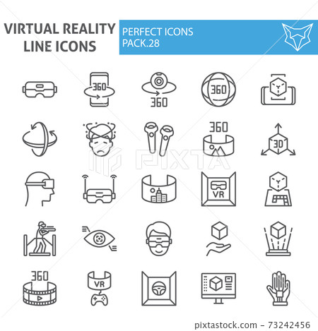 Virtual reality line icon set, augmented reality symbols collection, vector sketches, logo illustrations, game simulation signs linear pictograms package isolated on white background. Virtual reality line icon set, augmented reality symbols collection, vector sketches, logo illustrations, game simulation signs linear pictograms package isolated on white background. 73242456