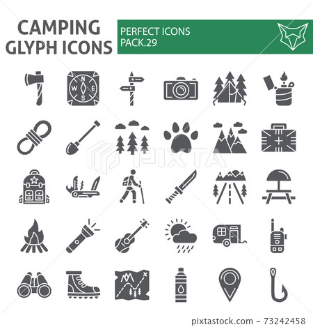 Camping glyph icon set, hiking symbols collection, vector sketches, logo illustrations, travel signs solid pictograms package isolated on white background. Camping glyph icon set, hiking symbols collection, vector sketches, logo illustrations, travel signs solid pictograms package isolated on white background. 73242458