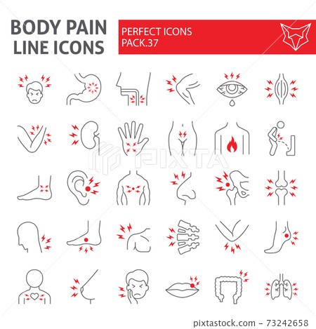 Body pain thin line icon set, organs ache symbols collection, vector sketches, logo illustrations, sickness signs linear pictograms package isolated on white background. 73242658