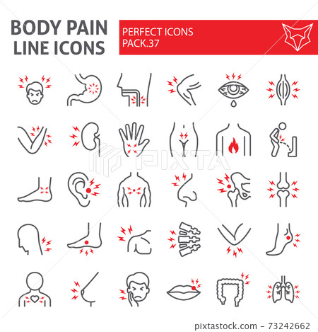 Body pain line icon set, organs ache symbols collection, vector sketches, logo illustrations, sickness signs linear pictograms package isolated on white background. Body pain line icon set, organs ache symbols collection, vector sketches, logo illustrations, sickness signs linear pictograms package isolated on white background. 73242662