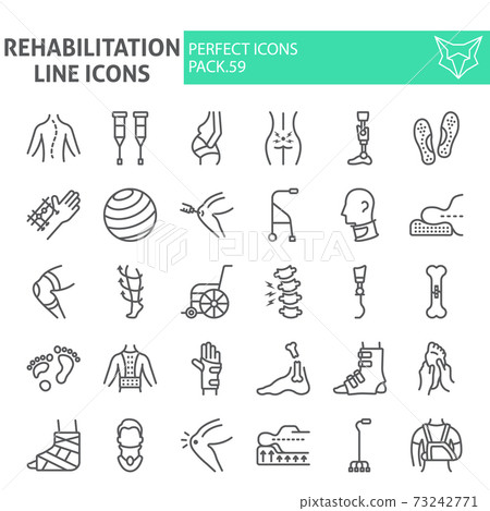 Rehabilitation line icon set, therapy symbols collection, vector sketches, logo illustrations, physiotherapy signs linear pictograms package isolated on white background. Rehabilitation line icon set, therapy symbols collection, vector sketches, logo illustrations, physiotherapy signs linear pictograms package isolated on white background. 73242771
