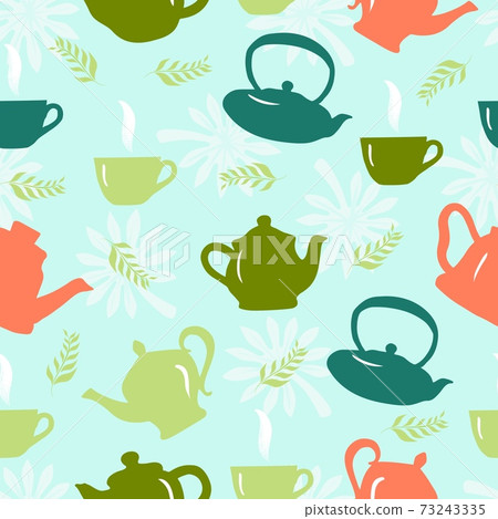 Seamless pattern with teapot, teacup,green leaves. Kitchen background. Vector design for fabric, clothes print, towel, textile, wallpapers, Seamless pattern with teapot, teacup,green leaves. Kitchen background. Vector design for fabric, clothes print, towel, textile, wallpapers, 73243335