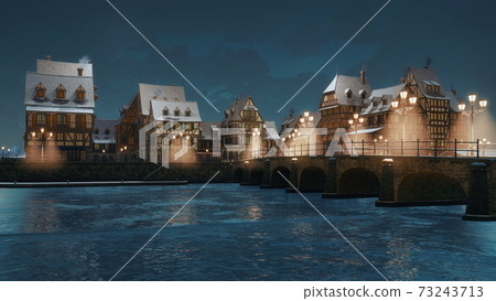 Riverfront of cozy medieval town at winter night - Stock Illustration ...