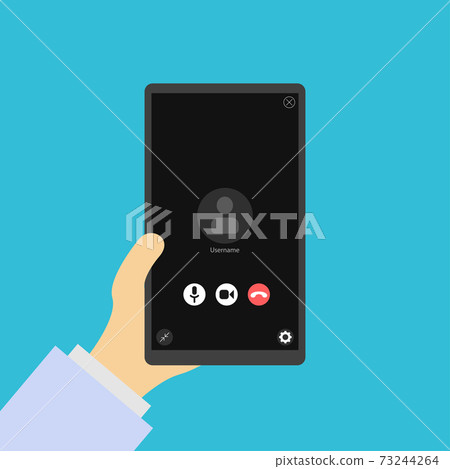 Phone in hand, video call. Video conversation icon. Video conference. Layout of video conferences and online meetings Phone in hand, video call. Video conversation icon. Video conference. Layout of video conferences and online meetings 73244264