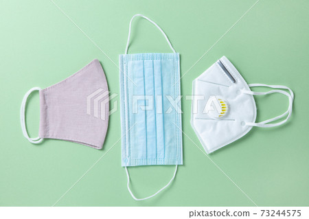 Variants of protective face masks, three types, fabric, medical, respirator with gel filter on green background, closeup, flatly, minimal. Hygiene concept, prevention of spread of viral infections 73244575