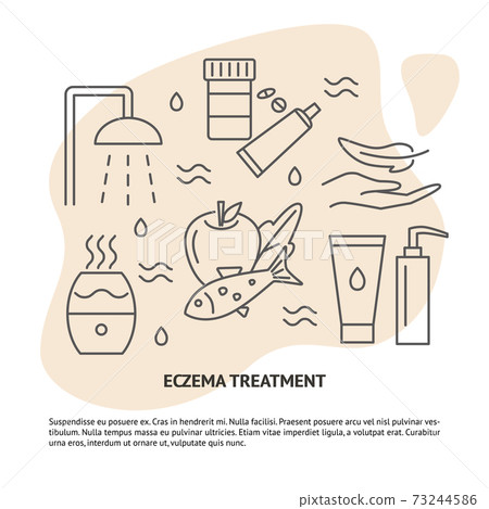 Eczema treatment concept banner in line style with text Eczema treatment concept banner in line style with text 73244586