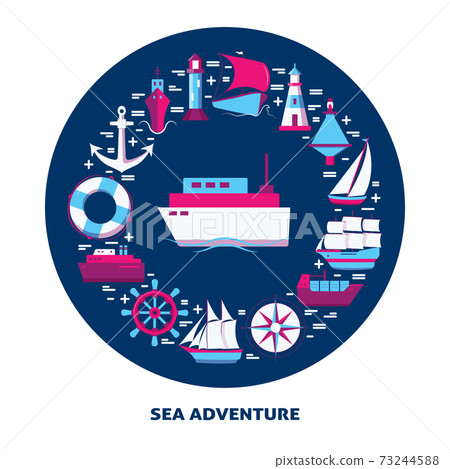 Marine round concept with ship icons in flat style - Stock Illustration ...