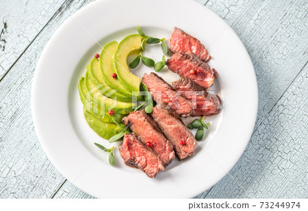 Beefsteak with sliced avocado 73244974