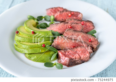 Beefsteak with sliced avocado 73244975