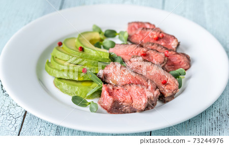 Beefsteak with sliced avocado 73244976