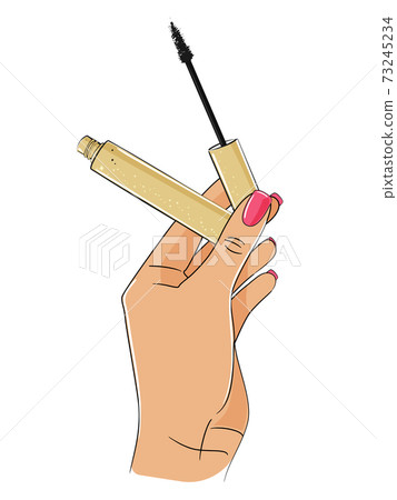 Eyelashes mascara with brush in woman hand on white background. Vector illustration. 73245234