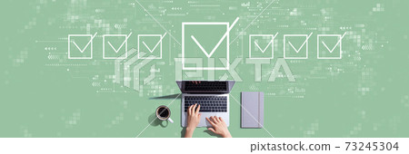 Checklist concept with person working with laptop Checklist concept with person working with laptop 73245304